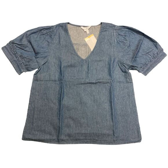 Draper James Women's Short Puff Sleeve Heidi V Neck Top - Chambray - Picture 1 of 2